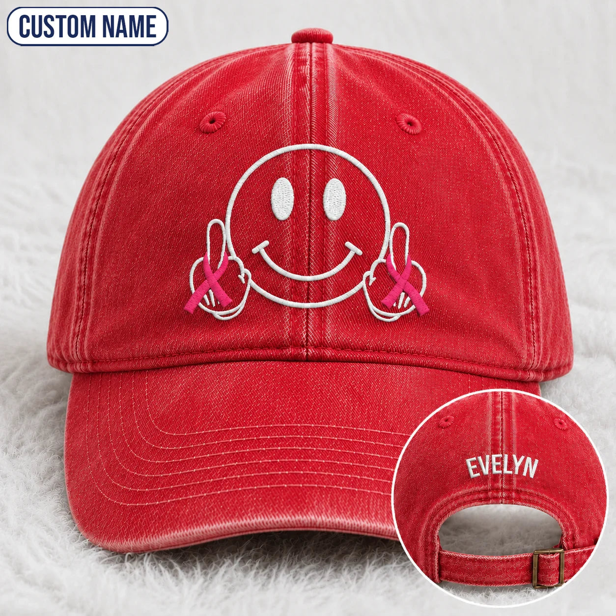 Personalized Smiley Pink Ribbon Embroidered Washed Cap, Awareness Gift