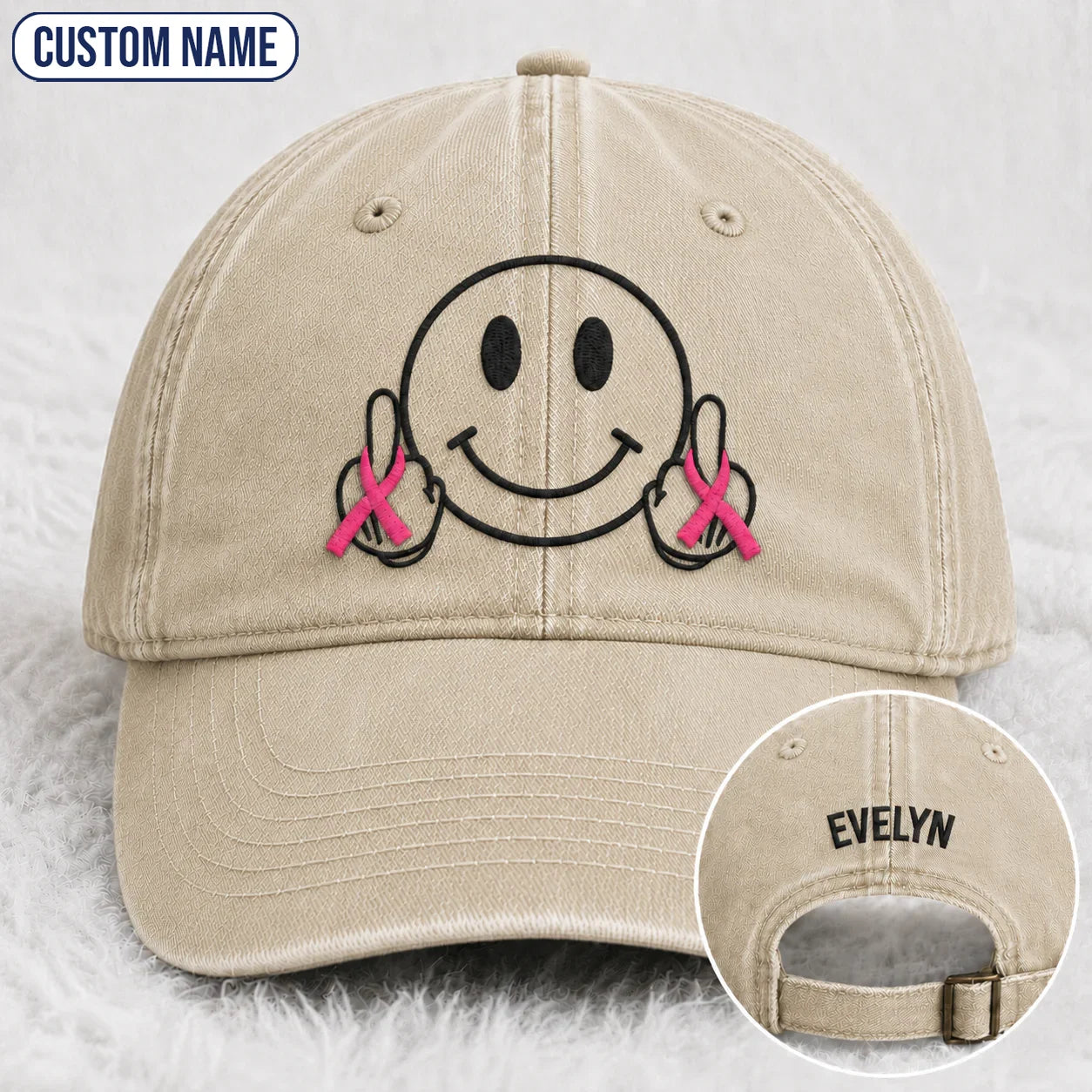 Personalized Smiley Pink Ribbon Embroidered Washed Cap, Awareness Gift
