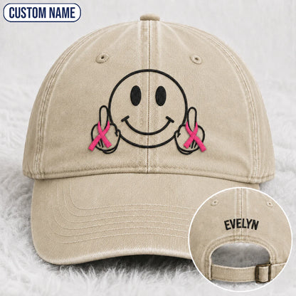 Personalized Smiley Pink Ribbon Embroidered Washed Cap, Awareness Gift