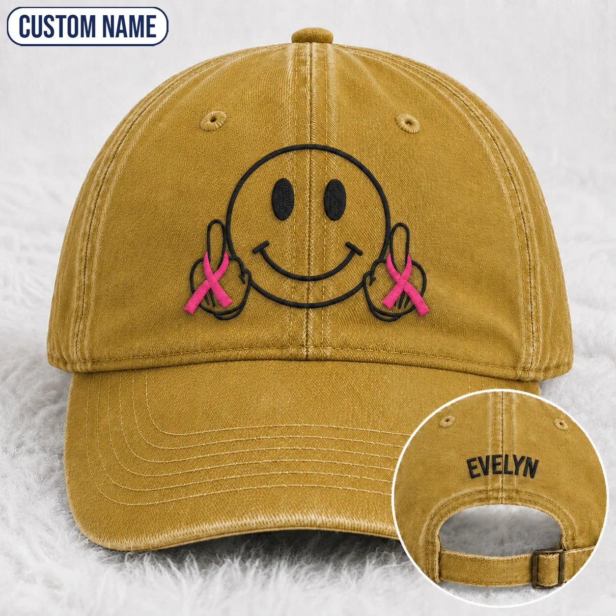 Personalized Smiley Pink Ribbon Embroidered Washed Cap, Awareness Gift