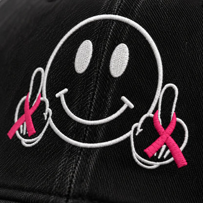 Personalized Smiley Pink Ribbon Embroidered Washed Cap, Awareness Gift