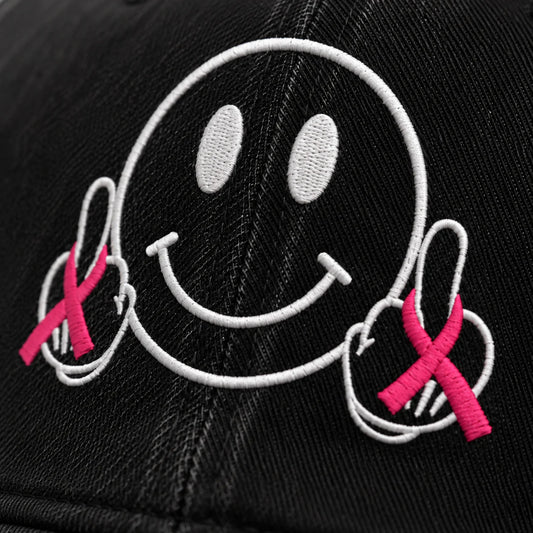 Personalized Smiley Pink Ribbon Embroidered Washed Cap, Awareness Gift