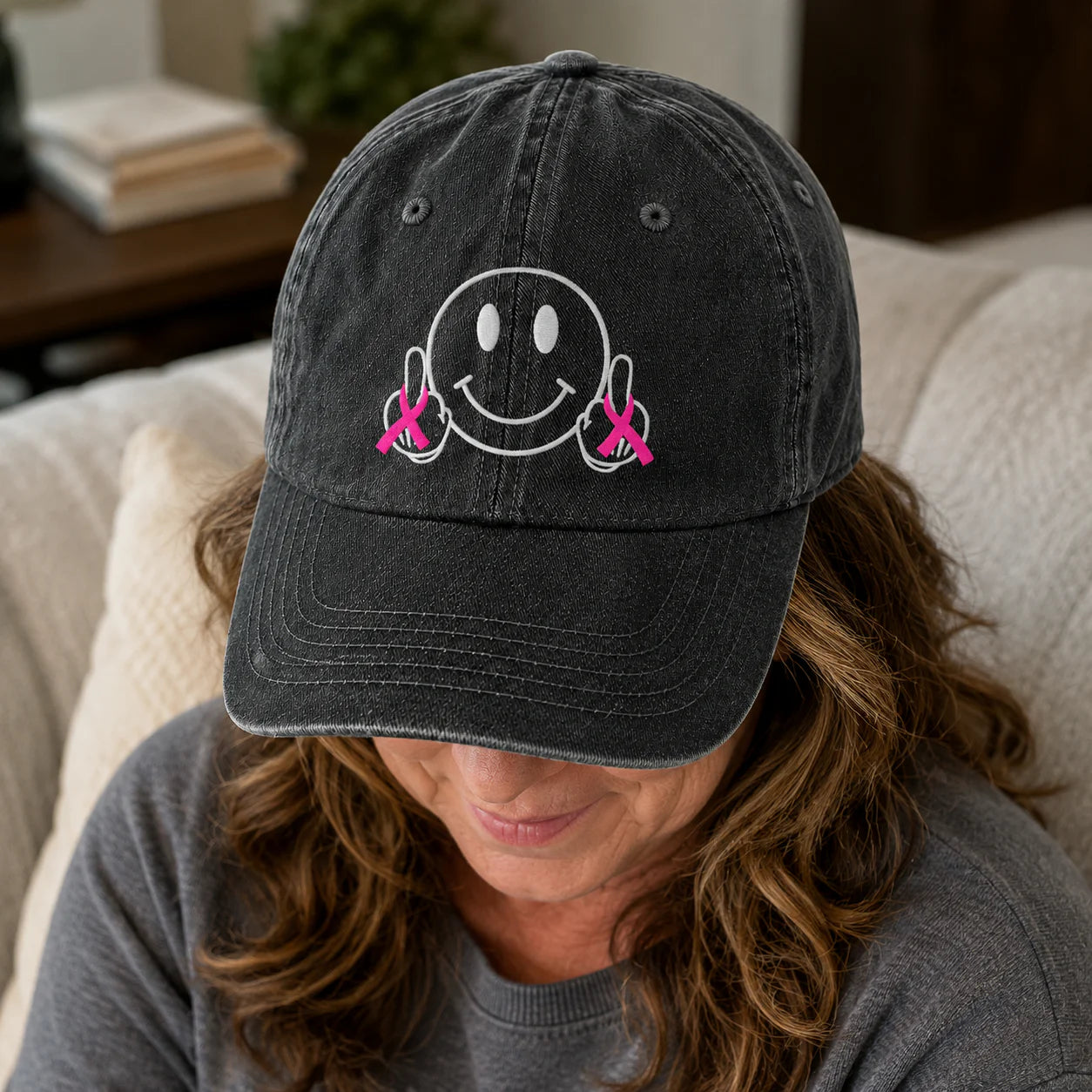 Personalized Smiley Pink Ribbon Embroidered Washed Cap, Awareness Gift