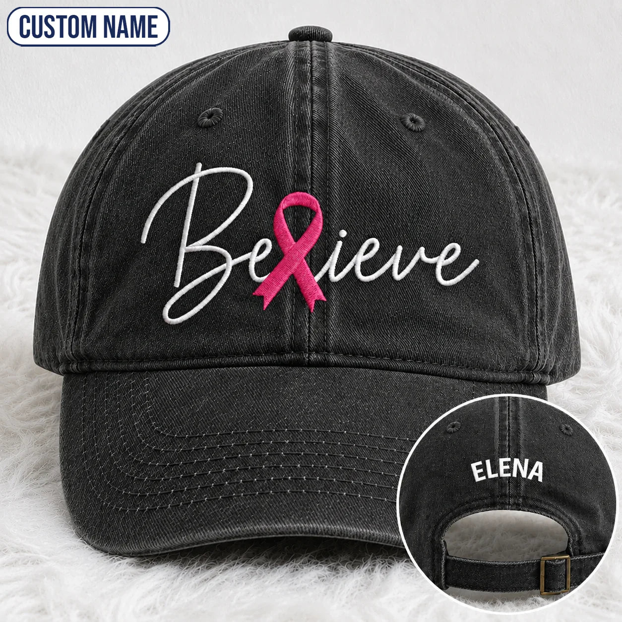 Personalized Believe Pink Ribbon Embroidered Washed Cap, Awareness Gift