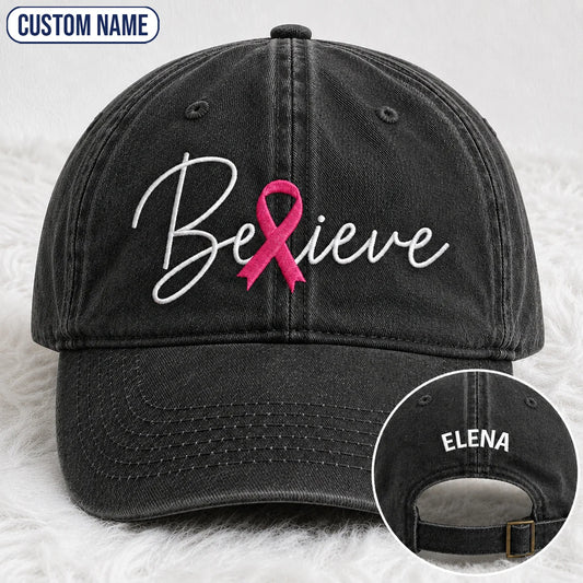 Personalized Believe Pink Ribbon Embroidered Washed Cap, Awareness Gift