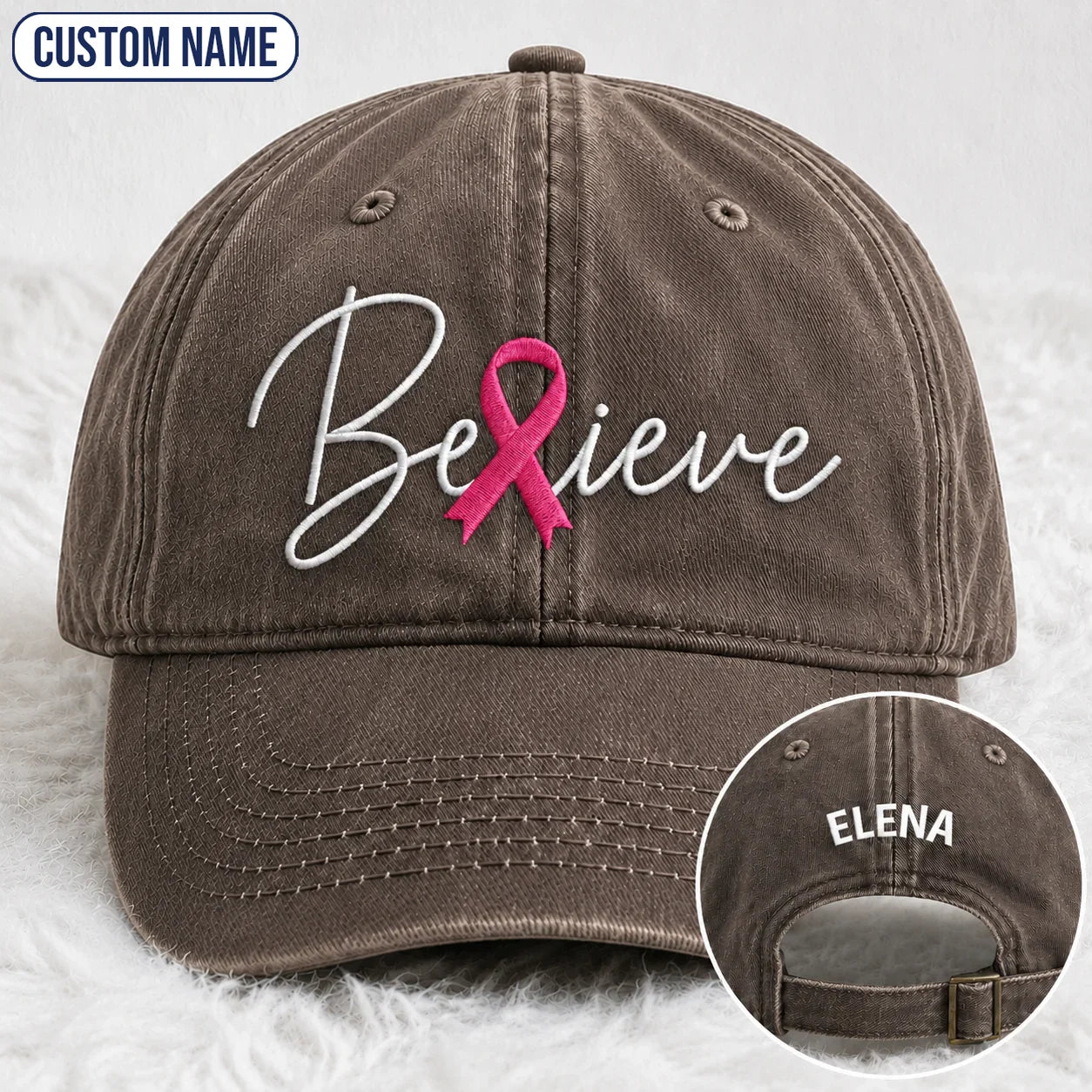 Personalized Believe Pink Ribbon Embroidered Washed Cap, Awareness Gift