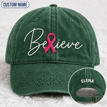Personalized Believe Pink Ribbon Embroidered Washed Cap, Awareness Gift