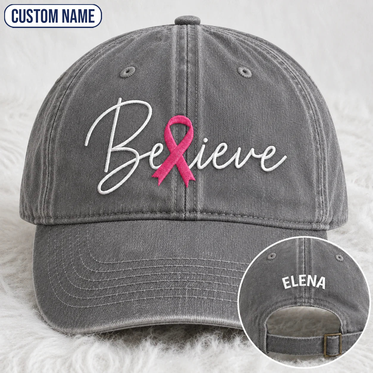 Personalized Believe Pink Ribbon Embroidered Washed Cap, Awareness Gift