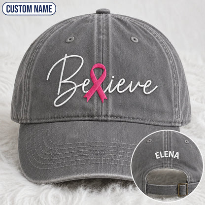 Personalized Believe Pink Ribbon Embroidered Washed Cap, Awareness Gift