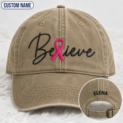 Personalized Believe Pink Ribbon Embroidered Washed Cap, Awareness Gift