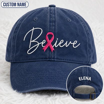 Personalized Believe Pink Ribbon Embroidered Washed Cap, Awareness Gift