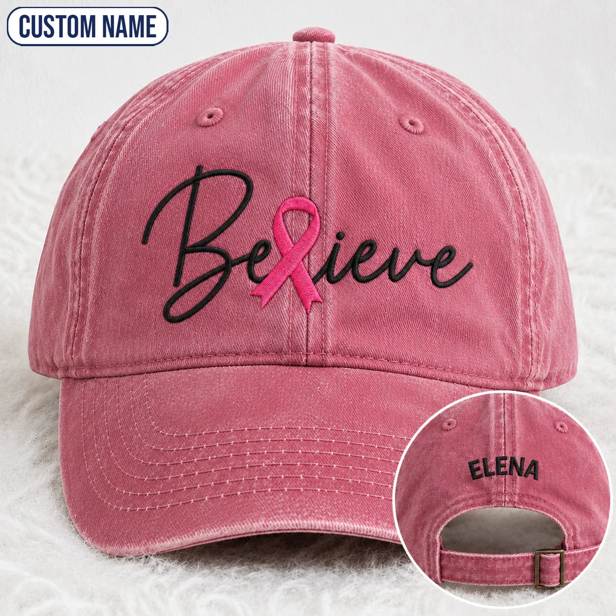 Personalized Believe Pink Ribbon Embroidered Washed Cap, Awareness Gift