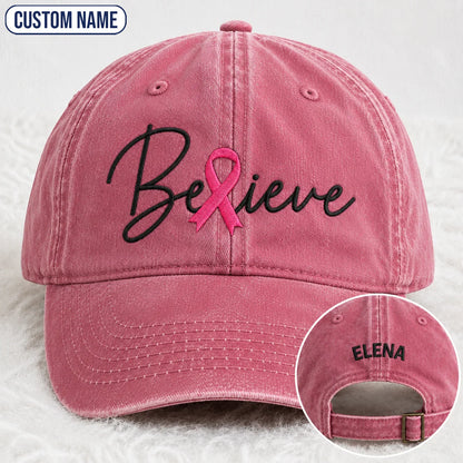 Personalized Believe Pink Ribbon Embroidered Washed Cap, Awareness Gift