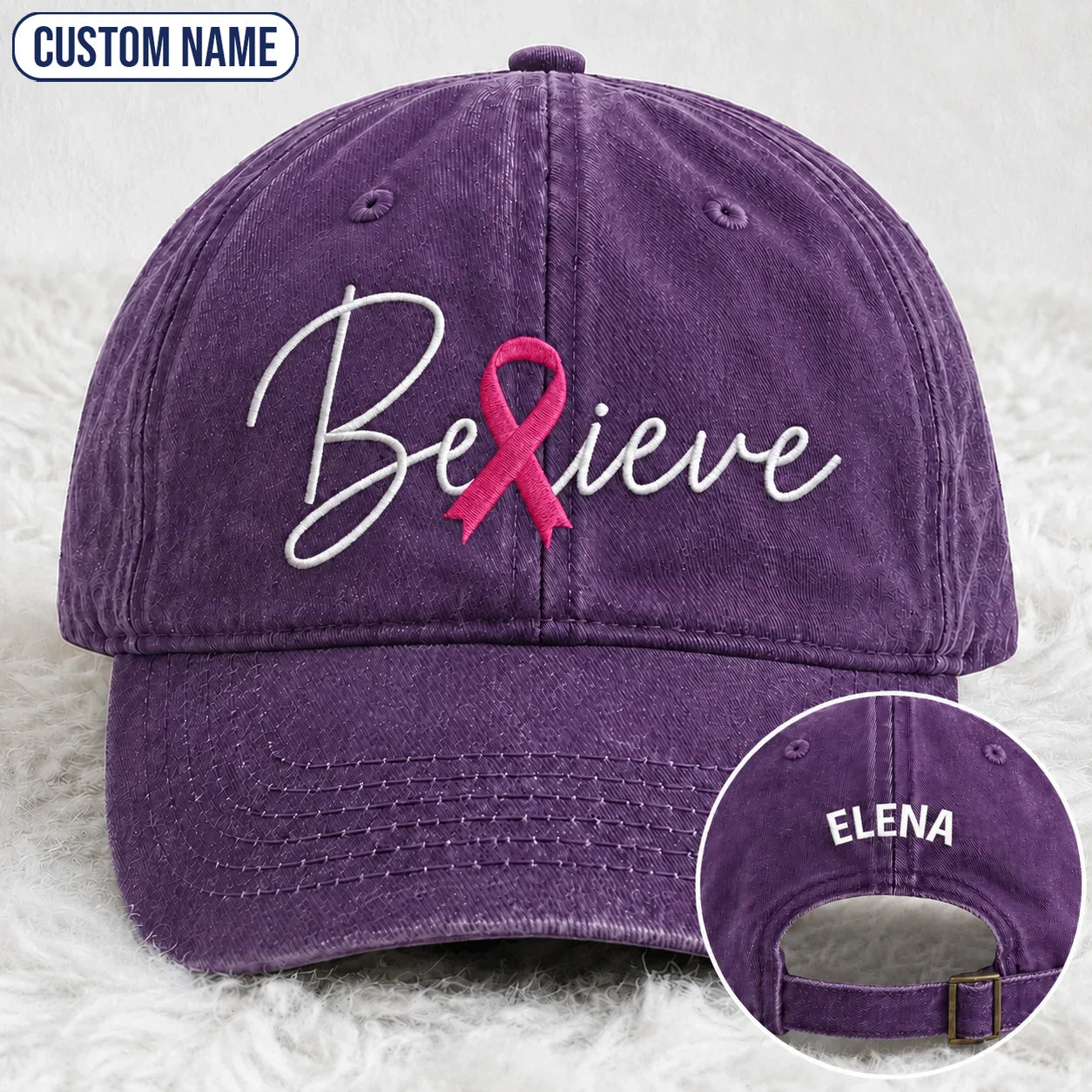 Personalized Believe Pink Ribbon Embroidered Washed Cap, Awareness Gift