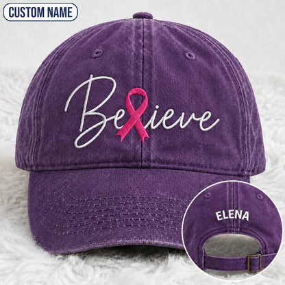Personalized Believe Pink Ribbon Embroidered Washed Cap, Awareness Gift
