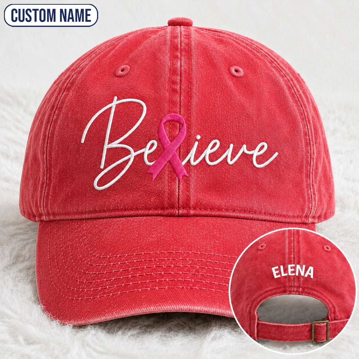 Personalized Believe Pink Ribbon Embroidered Washed Cap, Awareness Gift