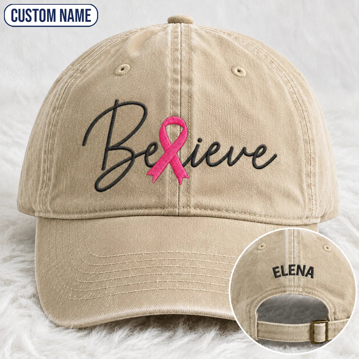 Personalized Believe Pink Ribbon Embroidered Washed Cap, Awareness Gift