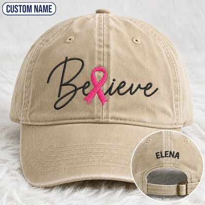 Personalized Believe Pink Ribbon Embroidered Washed Cap, Awareness Gift