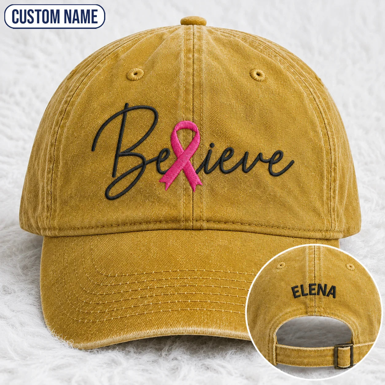 Personalized Believe Pink Ribbon Embroidered Washed Cap, Awareness Gift