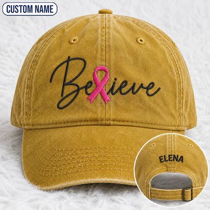 Personalized Believe Pink Ribbon Embroidered Washed Cap, Awareness Gift