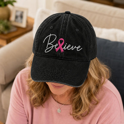 Personalized Believe Pink Ribbon Embroidered Washed Cap, Awareness Gift