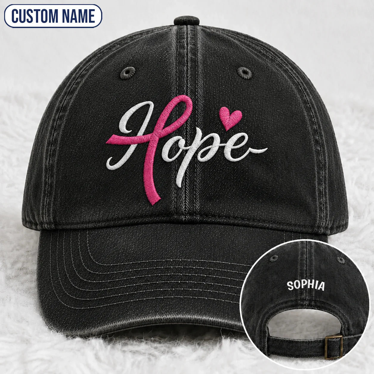 Personalized Hope Pink Ribbon Embroidered Washed Cap, Awareness Gift