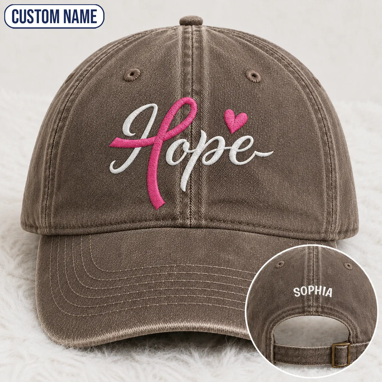 Personalized Hope Pink Ribbon Embroidered Washed Cap, Awareness Gift