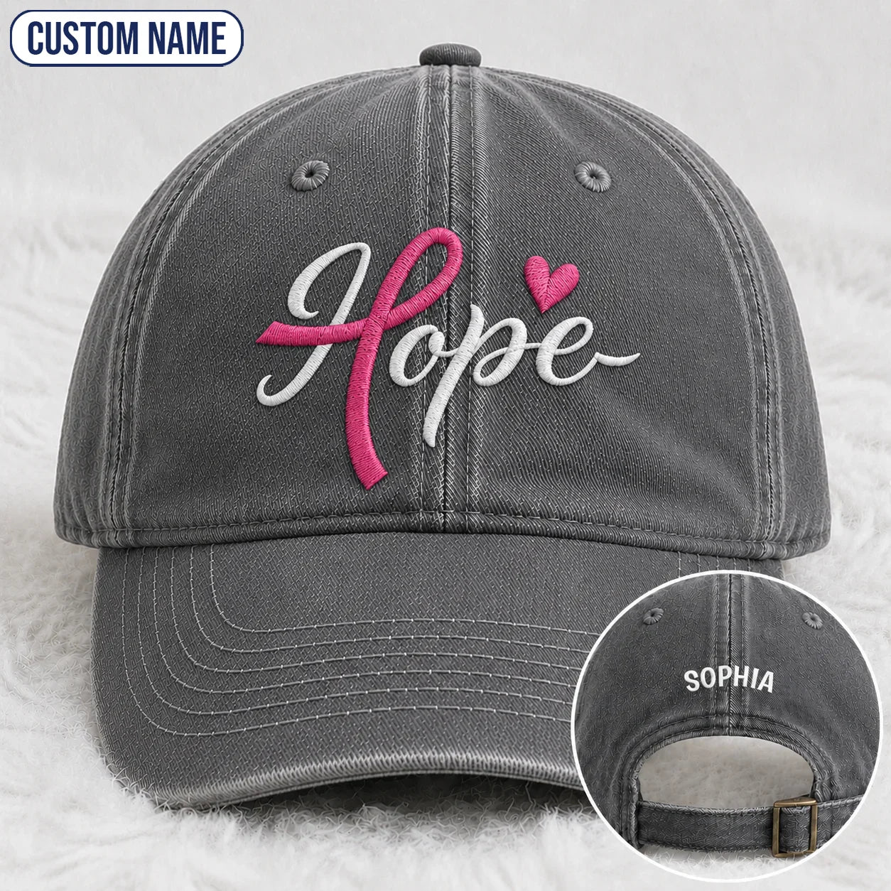 Personalized Hope Pink Ribbon Embroidered Washed Cap, Awareness Gift