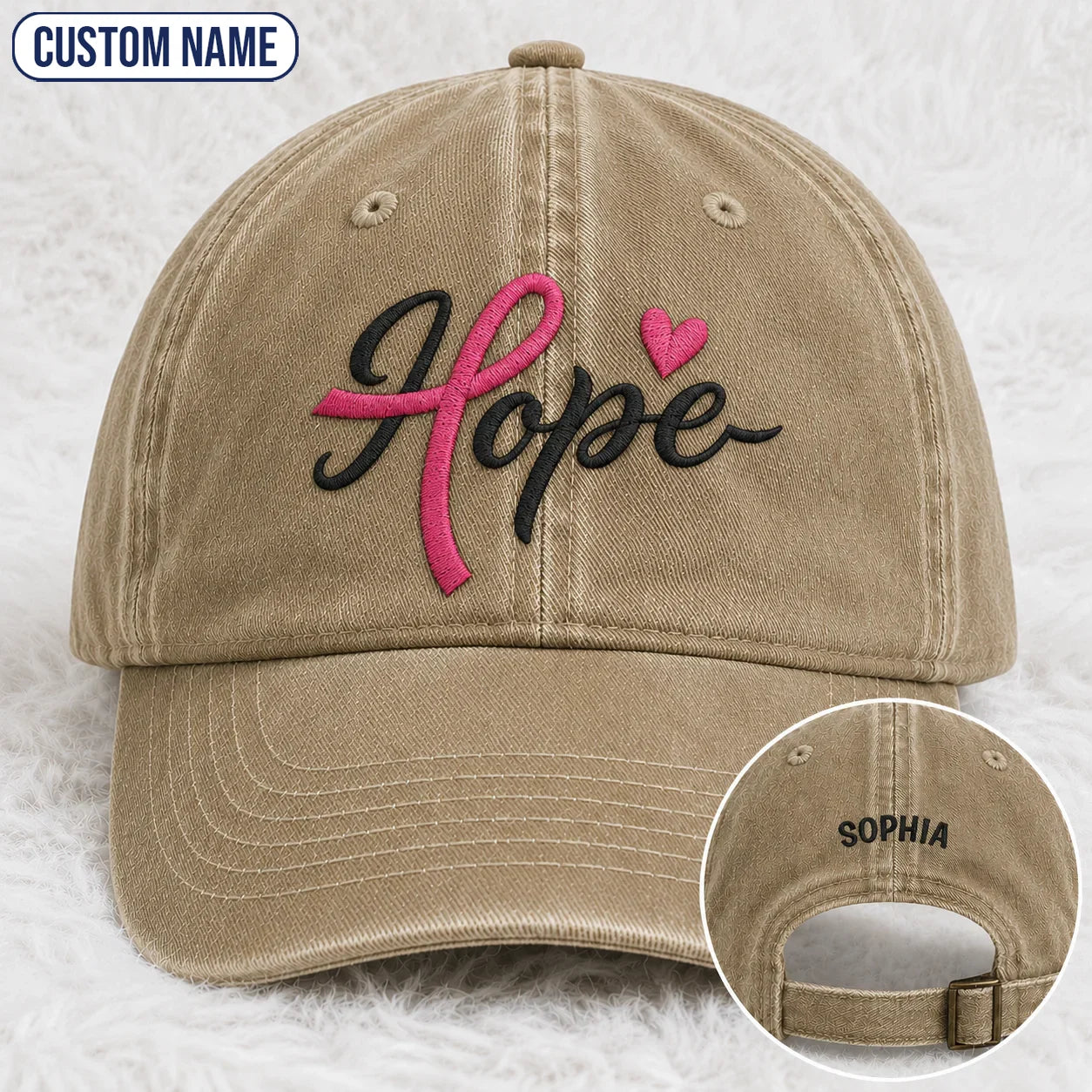 Personalized Hope Pink Ribbon Embroidered Washed Cap, Awareness Gift