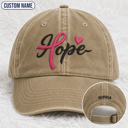 Personalized Hope Pink Ribbon Embroidered Washed Cap, Awareness Gift