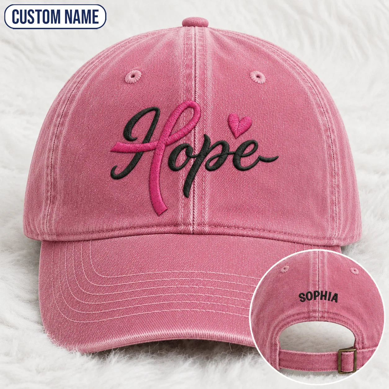 Personalized Hope Pink Ribbon Embroidered Washed Cap, Awareness Gift