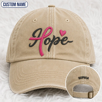 Personalized Hope Pink Ribbon Embroidered Washed Cap, Awareness Gift
