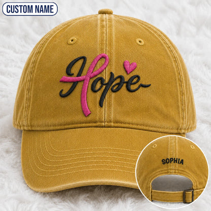 Personalized Hope Pink Ribbon Embroidered Washed Cap, Awareness Gift