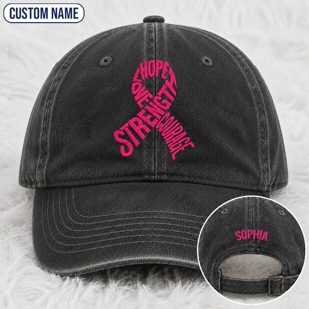 Personalized Hope Love Strength Courage Pink Ribbon Embroidered Washed Cap, Awareness Gift