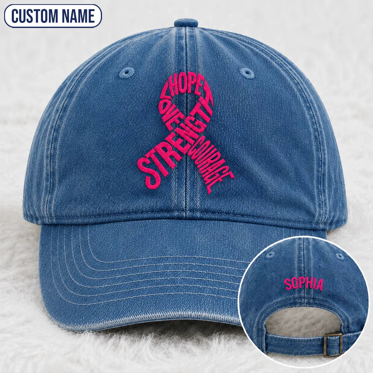 Personalized Hope Love Strength Courage Pink Ribbon Embroidered Washed Cap, Awareness Gift