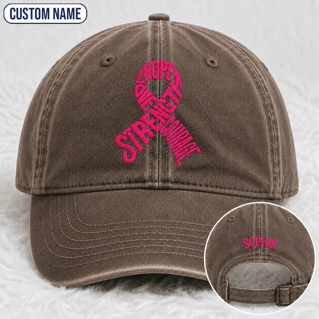 Personalized Hope Love Strength Courage Pink Ribbon Embroidered Washed Cap, Awareness Gift