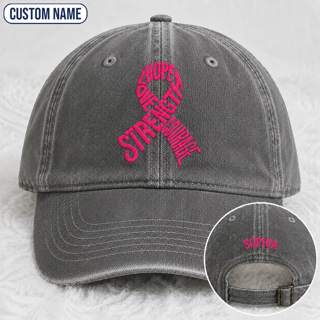 Personalized Hope Love Strength Courage Pink Ribbon Embroidered Washed Cap, Awareness Gift