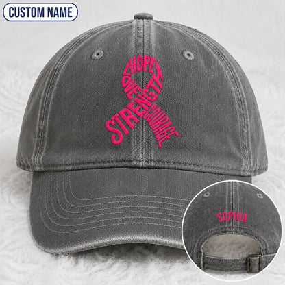 Personalized Hope Love Strength Courage Pink Ribbon Embroidered Washed Cap, Awareness Gift