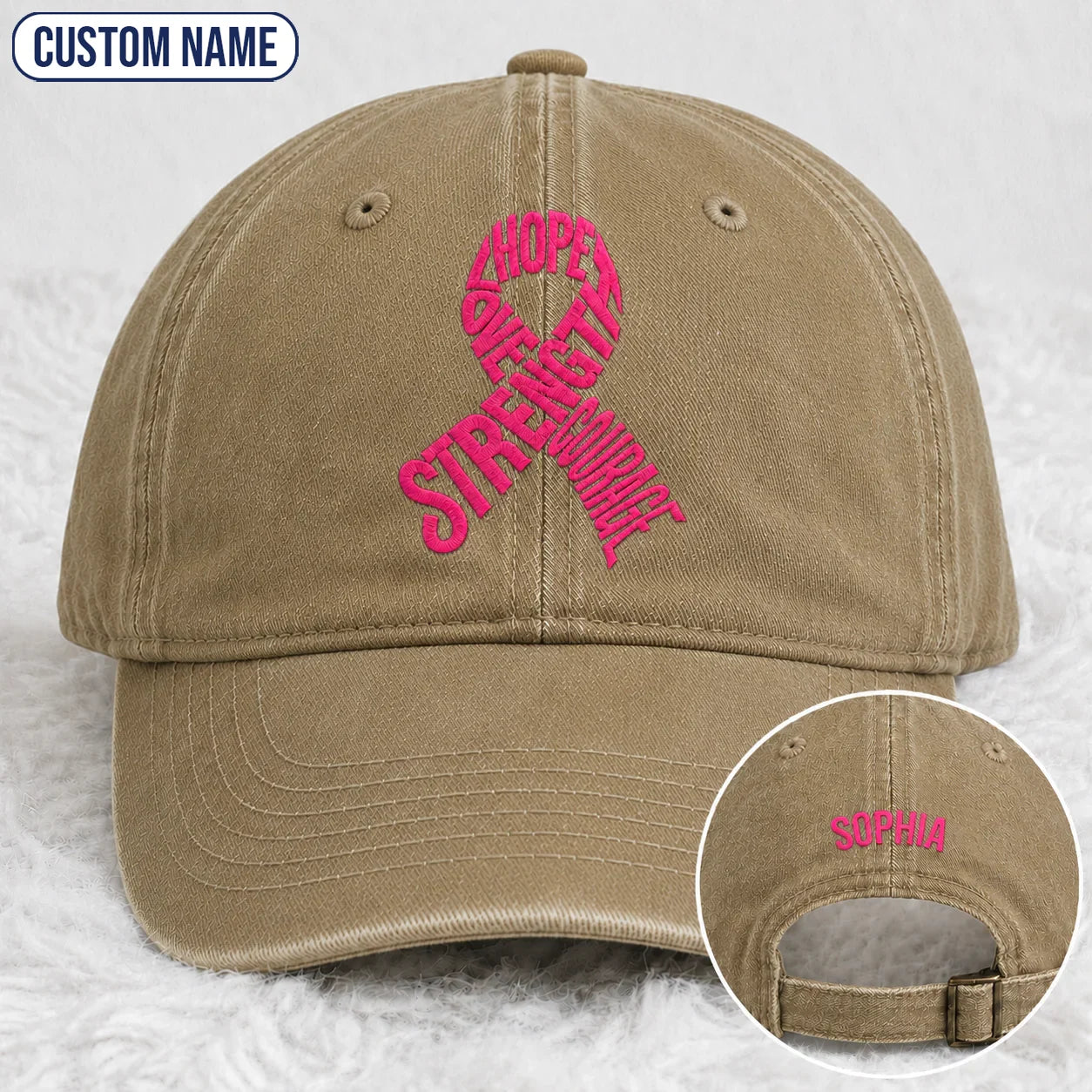 Personalized Hope Love Strength Courage Pink Ribbon Embroidered Washed Cap, Awareness Gift
