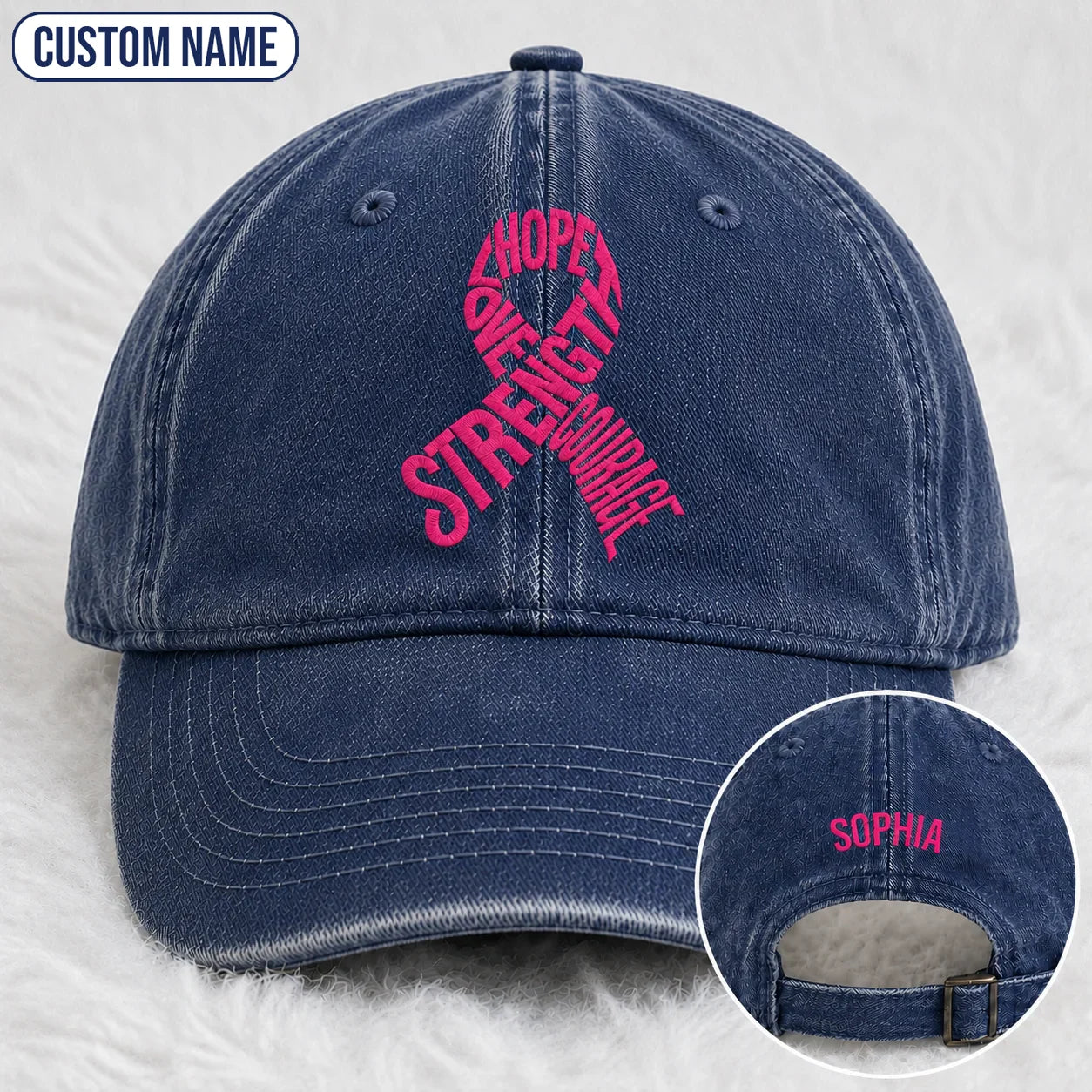 Personalized Hope Love Strength Courage Pink Ribbon Embroidered Washed Cap, Awareness Gift