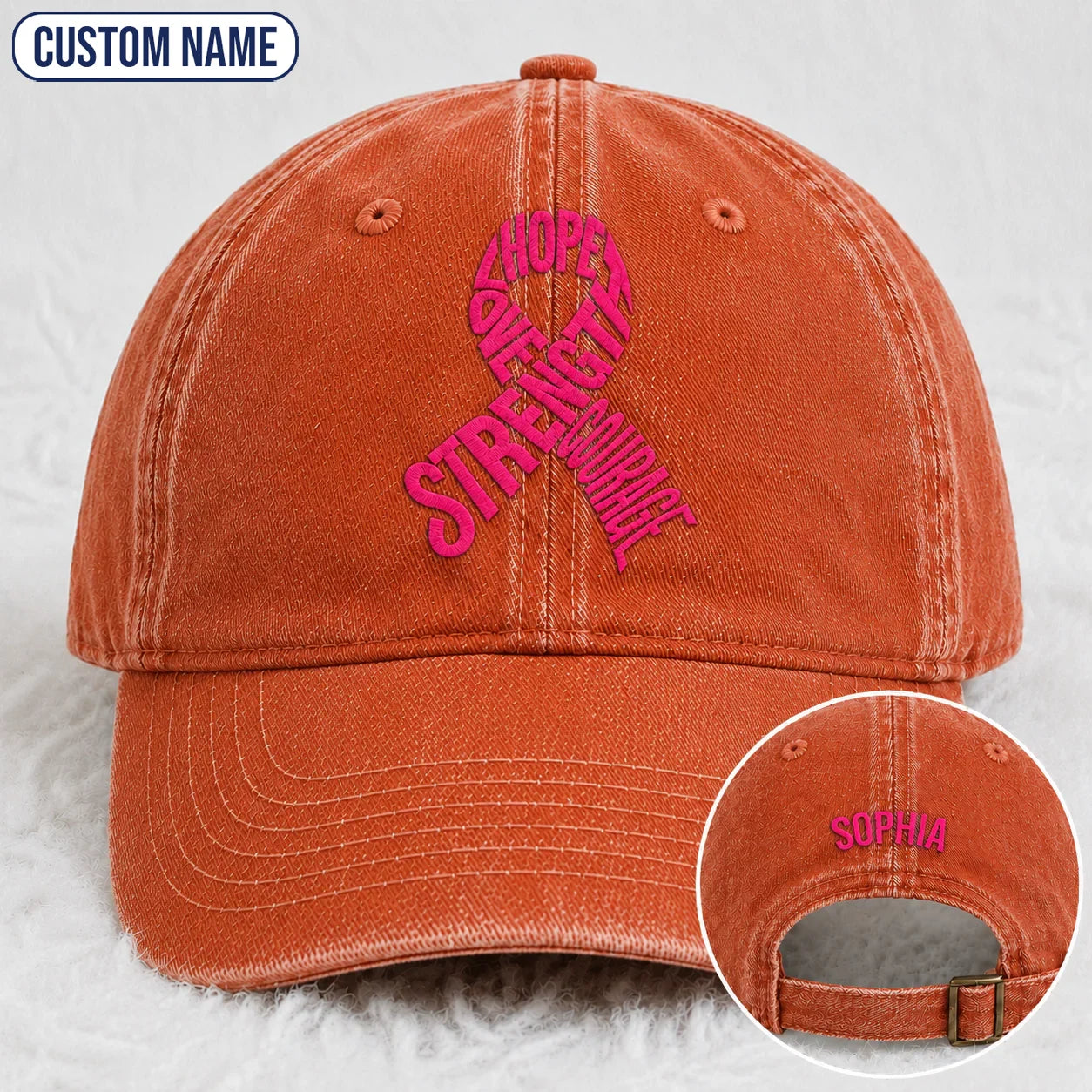 Personalized Hope Love Strength Courage Pink Ribbon Embroidered Washed Cap, Awareness Gift