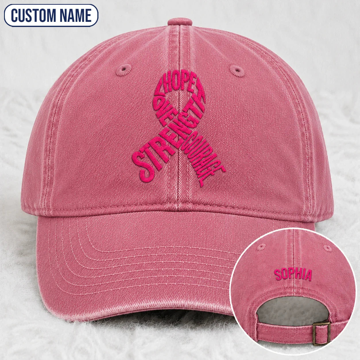 Personalized Hope Love Strength Courage Pink Ribbon Embroidered Washed Cap, Awareness Gift