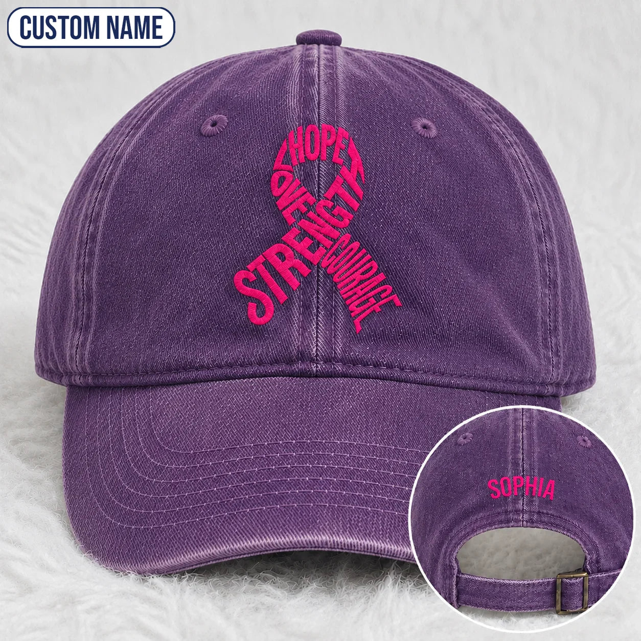 Personalized Hope Love Strength Courage Pink Ribbon Embroidered Washed Cap, Awareness Gift