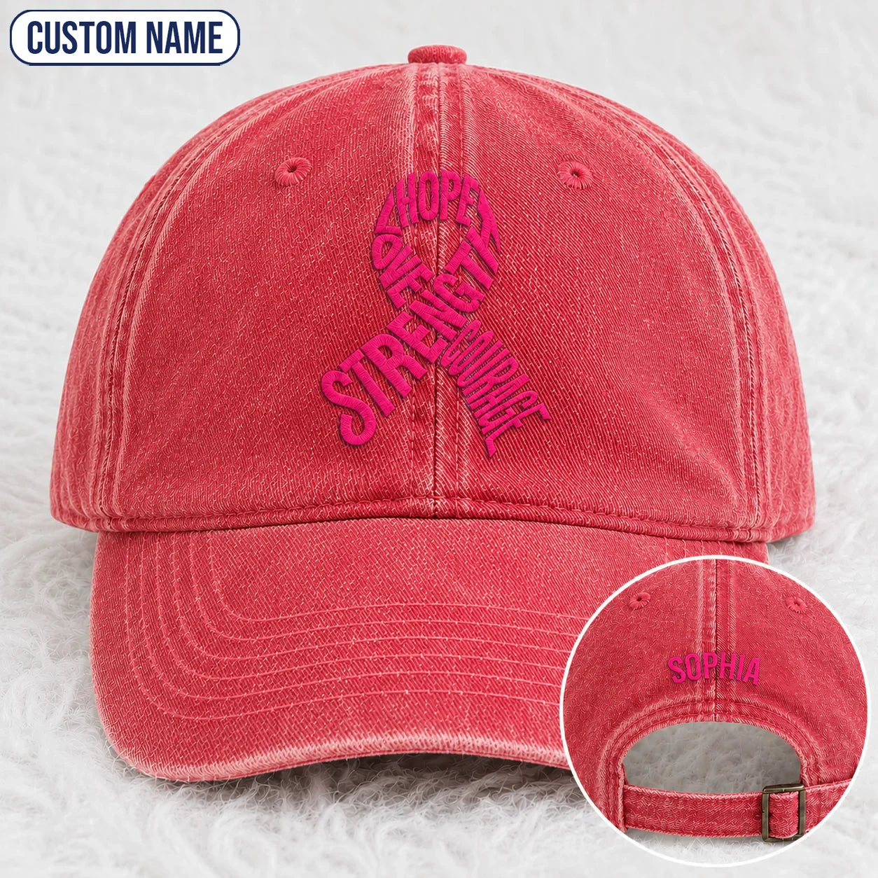 Personalized Hope Love Strength Courage Pink Ribbon Embroidered Washed Cap, Awareness Gift