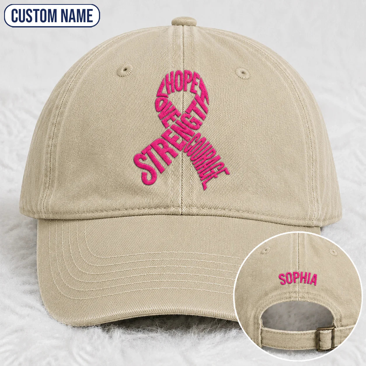 Personalized Hope Love Strength Courage Pink Ribbon Embroidered Washed Cap, Awareness Gift