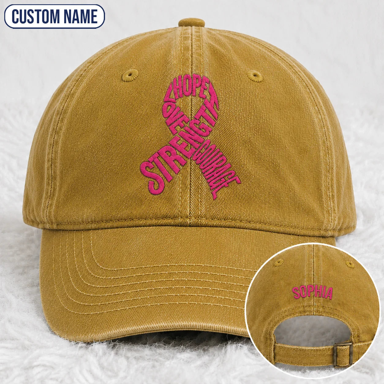 Personalized Hope Love Strength Courage Pink Ribbon Embroidered Washed Cap, Awareness Gift