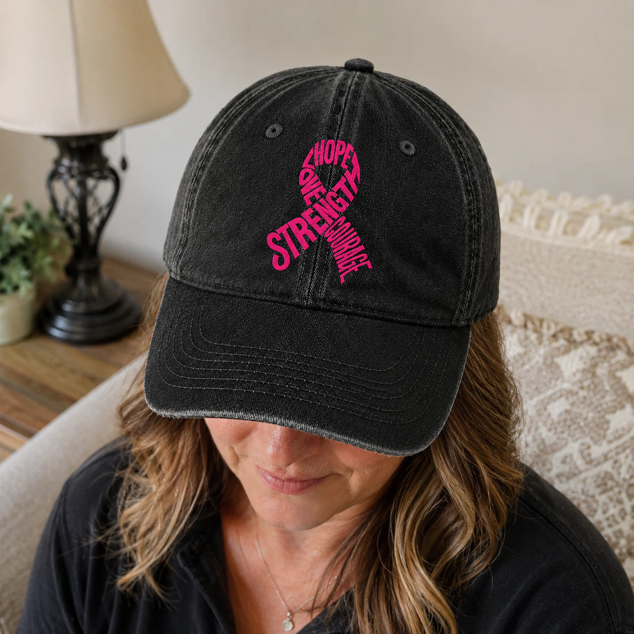 Personalized Hope Love Strength Courage Pink Ribbon Embroidered Washed Cap, Awareness Gift