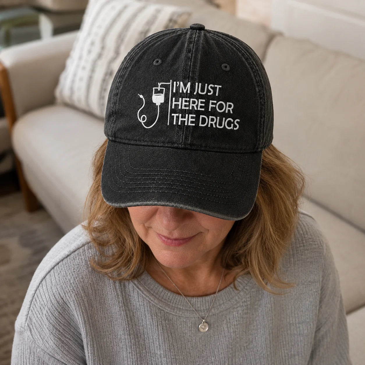 Personalized I’m Just Here Quote Embroidered Washed Cap, Awareness Gift