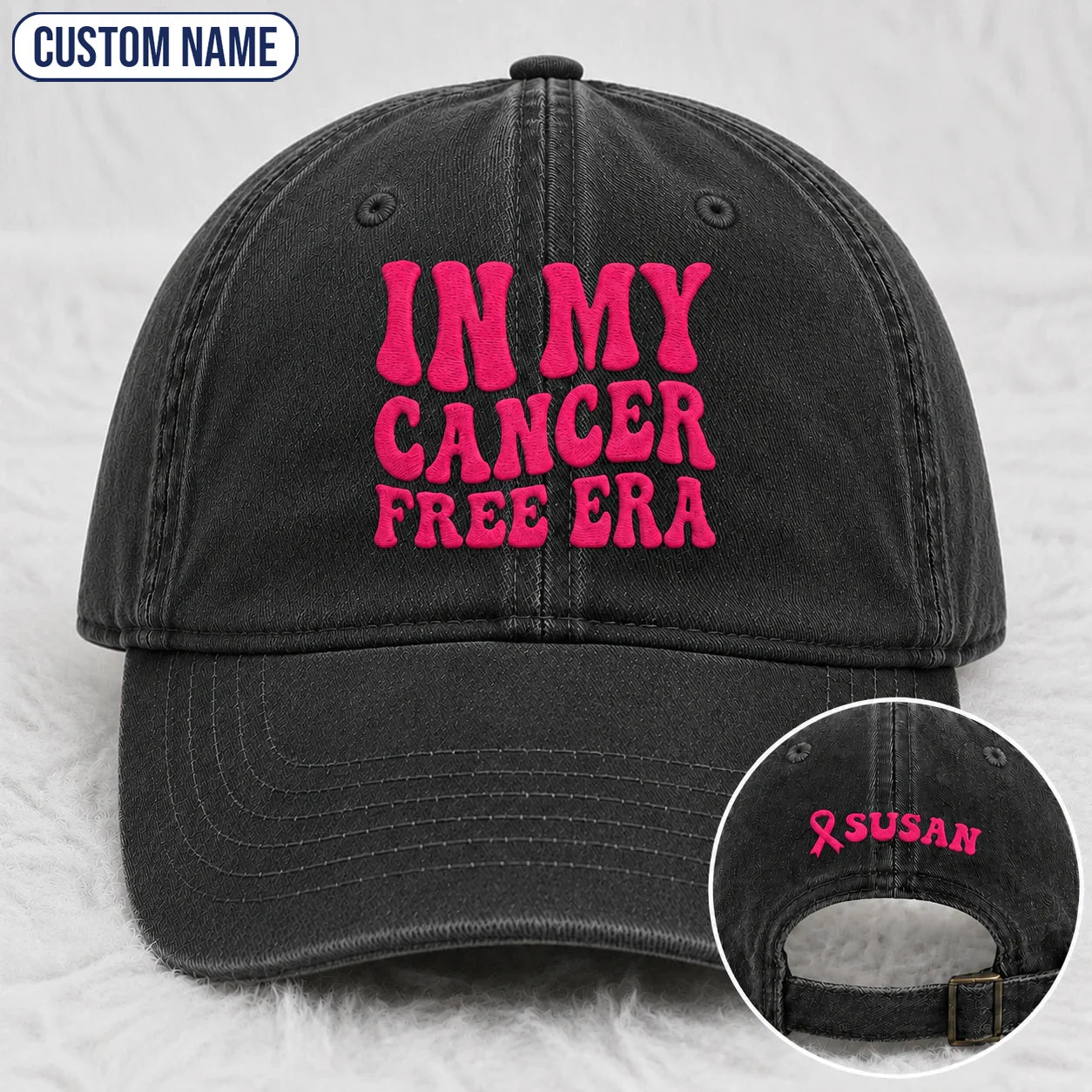 Personalized In My Free Era Pink Ribbon Embroidered Washed Cap, Awareness Gift