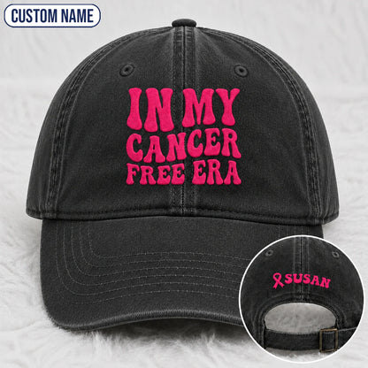 Personalized In My Free Era Pink Ribbon Embroidered Washed Cap, Awareness Gift